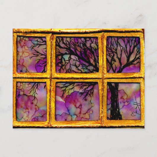 Door mijn venster - Boom in roze achtergrond Briefkaart (Voorkant)