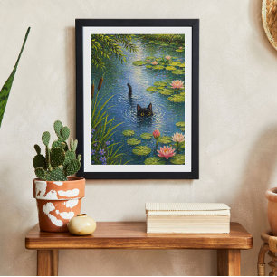Door Monet Geïnspireerde Waterlelie Kat Kunstprint Poster