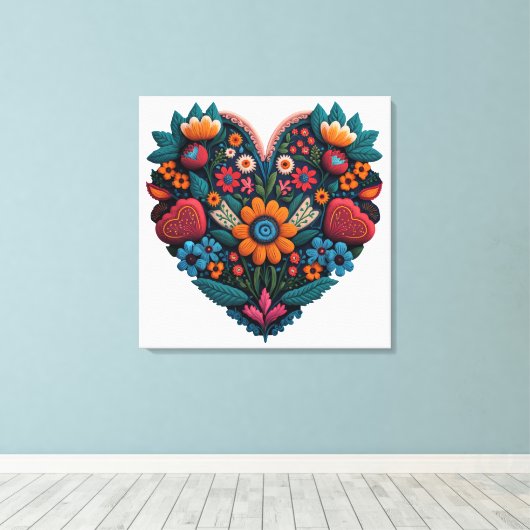 Door Oekraïne geïnspireerd hart van bloemen Canvas Afdruk (Insitu (Houten vloer))
