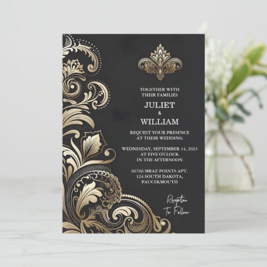 Door Retro Arabisch Exotisch Bold Damask Bruiloft Kaart (Staand voorkant)