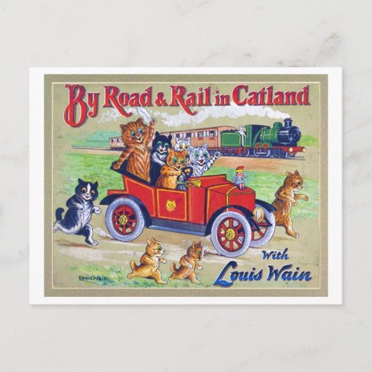 Door Road & Rail in Catland, Louis Wain Briefkaart (Voorkant)