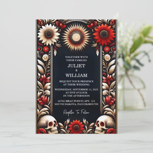 Door Ruby Dikke Claret Wit Hart Rood Zwart Bruilof Kaart (Staand voorkant)