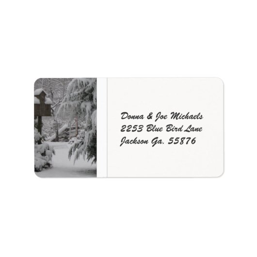 Door sneeuw bedekt vogelhuisje etiket (Voorkant)