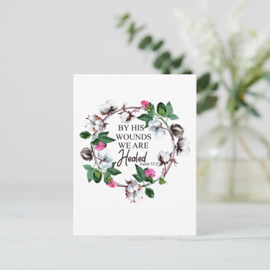 Door zijn wonden zijn we heet Isaiah 53:5 Briefkaart (Staand voorkant)