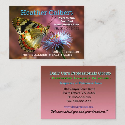 Doordachte vlinder vertrouwende verzorger visitekaartje (Voorkant / Achterkant)