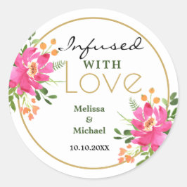 Doordrenkt met liefde roze bloemenbruiloft ronde sticker