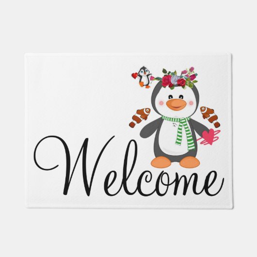 Doormat Happy Valentine's Day Penguin Hearts Deurmat (Voorkant)