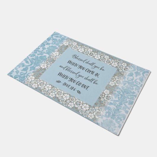 Doormat van "Blessed" Blue Damask Lace Scripmat Deurmat (Schuin)