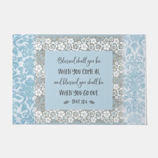Doormat van "Blessed" Blue Damask Lace Scripmat Deurmat (Voorkant)