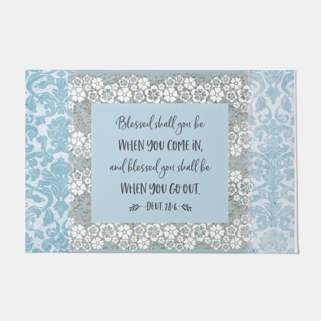 Doormat van "Blessed" Blue Damask Lace Scripmat Deurmat (Voorkant)