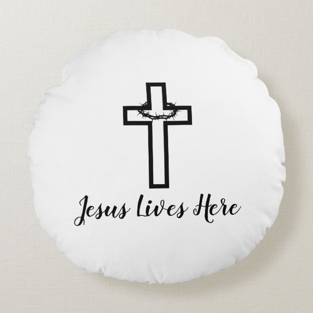 Doornkruis Jezus Leeft Hier Gooi Rond Kussen (Voorkant)