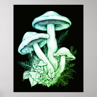 Doorschijnende groene paddenstoelen Zwarte Achterg Poster