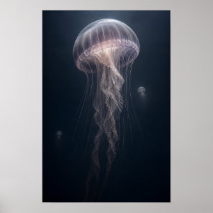 Doorschijnende kwal in diepblauwe oceaan mariene W Poster