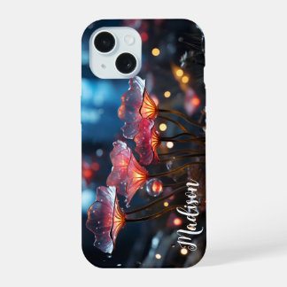 Doorschijnende Oranje Fluorescerende Bloemen - iPhone 15 Case
