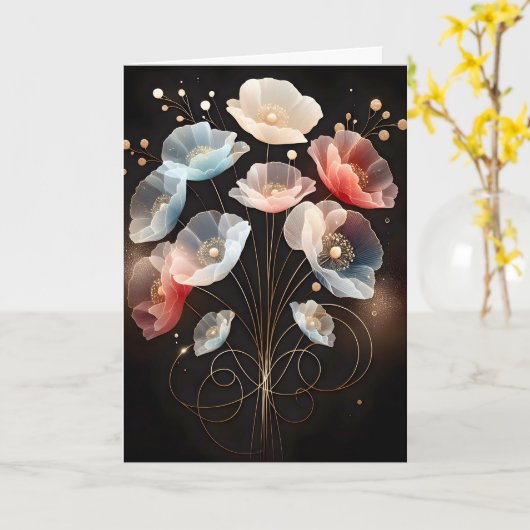 Doorschijnende verjaardag papavers op zwart kaart (Gele Bloem)