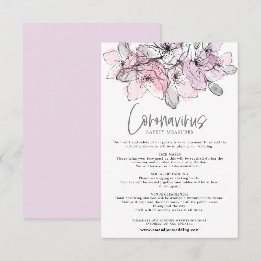 Doorschijnende Waterverf Roze Bloemen Covid Safety Informatiekaartje (Voorkant / Achterkant)