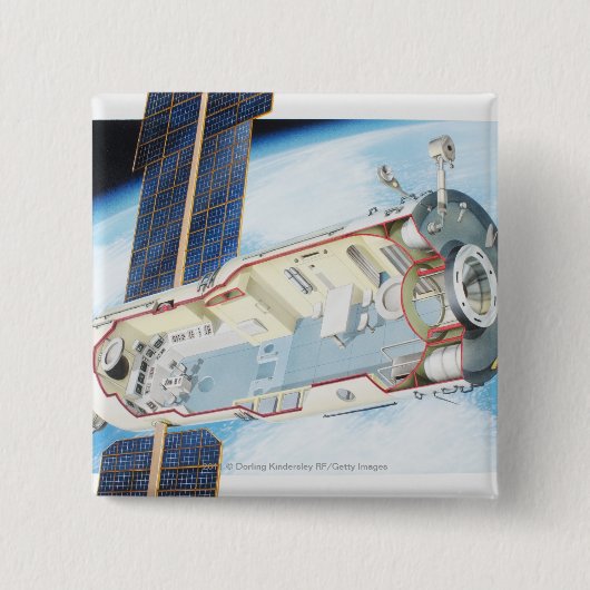 Doorsnede van het ruimtevaartstation op zonne-ener vierkante button 5,1 cm (Voorkant)