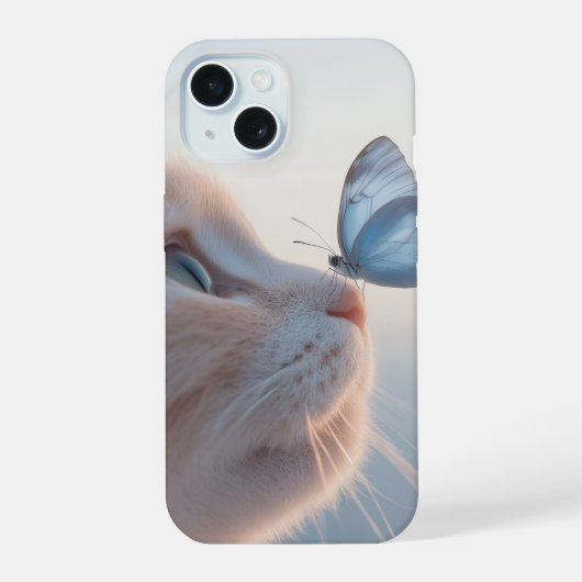 Doorzichtige telefoonhoes – Mooie kat met vlindero iPhone 15 Case (Achterkant)