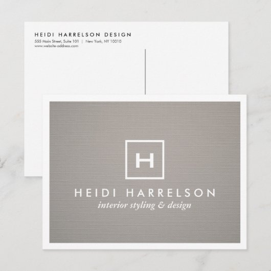 DOOS LOGO met UW INITIAAL/MONOGRAM op GRAY LINEN Briefkaart (Voorkant / Achterkant)