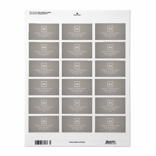 DOOS LOGO met UW INITIAAL/MONOGRAM op GRAY LINEN Etiket (Full Sheet)