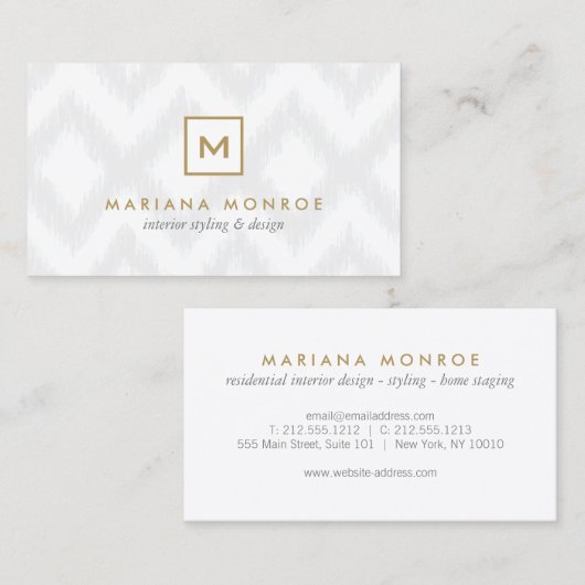 DOOS LOGO met UW INITIAAL/MONOGRAM op Grijs Ikat Visitekaartje (Voorkant / Achterkant)