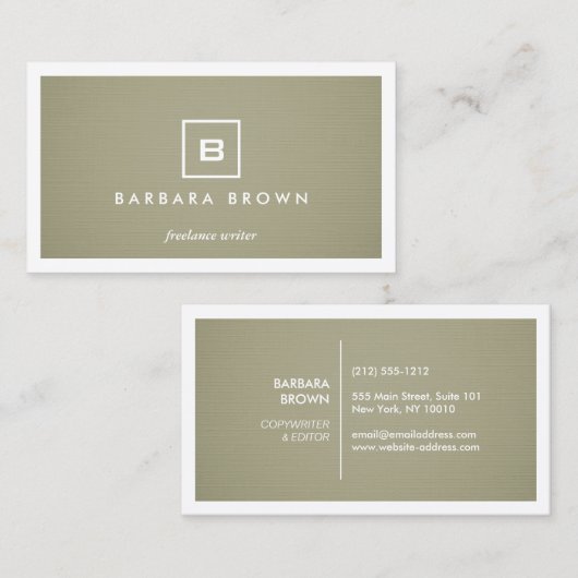 DOOS LOGO met UW INITIAAL/MONOGRAM op KAKI LINNEN Visitekaartje (Voorkant / Achterkant)