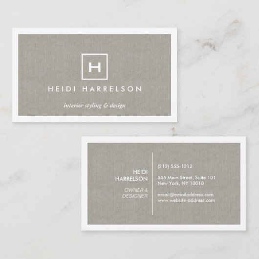 DOOS LOGO met UW INITIAAL/MONOGRAM op KAKI LINNEN Visitekaartje (Voorkant / Achterkant)