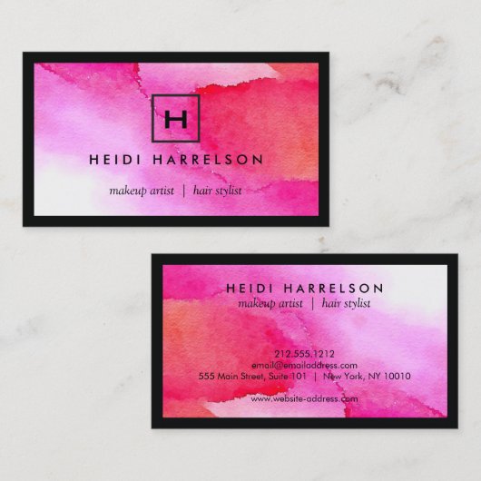 Doos Logo met Uw Initiaal op Vet Roze Waterverf Visitekaartje (Voorkant / Achterkant)