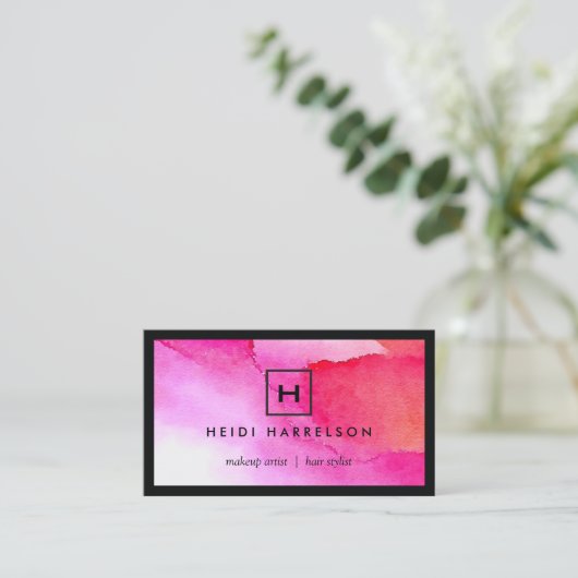 Doos Logo met Uw Initiaal op Vet Roze Waterverf Visitekaartje (Staand voorkant)