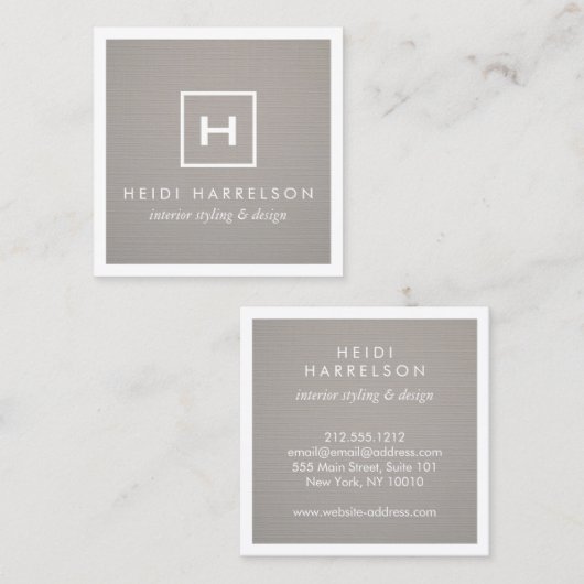 Doos Logo Monogram op Grijze Linnen/Witte Rand Vierkante Visitekaartje (Voorkant / Achterkant)