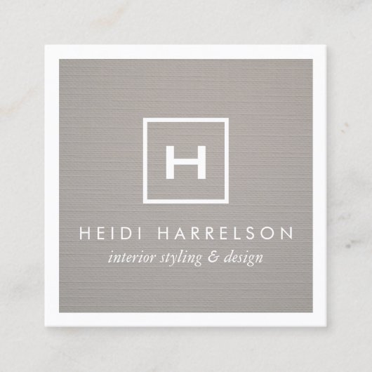 Doos Logo Monogram op Grijze Linnen/Witte Rand Vierkante Visitekaartje (Voorkant)