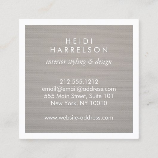 Doos Logo Monogram op Grijze Linnen/Witte Rand Vierkante Visitekaartje (Achterkant)