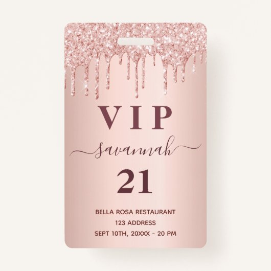 Doos roos goudbruine glitter druppelt vip badge (Voorkant)