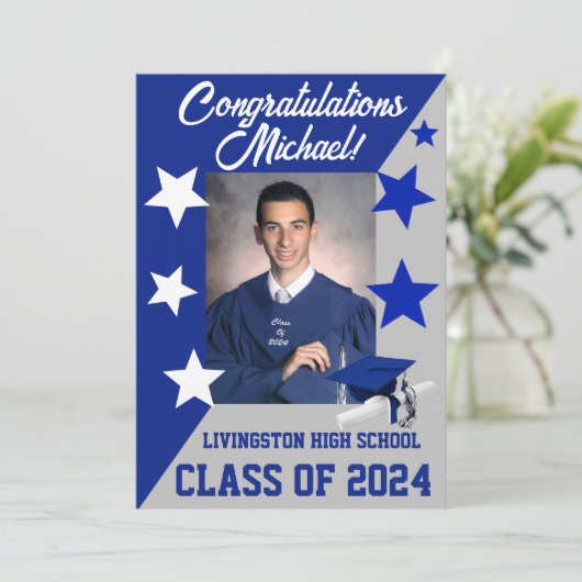 Dop en sterren 5x7 Koningsblauw en grijs afstudere Kaart (Staand voorkant)