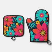 Dopamine Decor – Heldere Funky Flowers-Retro Ovenwant & Pannenlap Set (Voorkant)