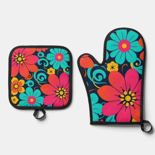 Dopamine Decor – Heldere Funky Flowers-Retro Ovenwant & Pannenlap Set (Voorkant)
