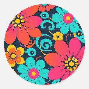Dopamine Decor – Heldere Funky Flowers-Retro Ronde Sticker