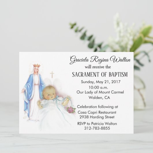 Dopen Baby Meisje  Maagd Maria Uitnodiging (Staand voorkant)