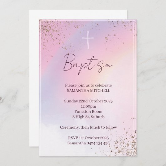 Dopen Uitnodiging voor baby meisje. Roze & goud (Voorkant / Achterkant)