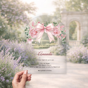 Dopendauw Roze Bloemen Meisje Elegante Boog Acryl Uitnodigingen