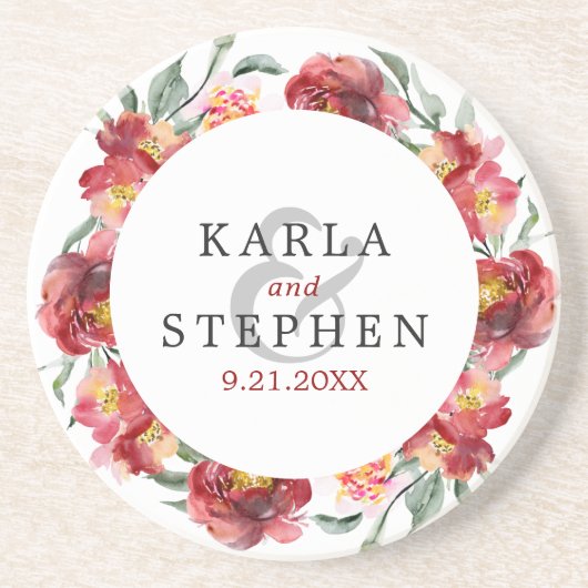 Dopende rode tuinbloemen zandsteen onderzetter (Voorkant)