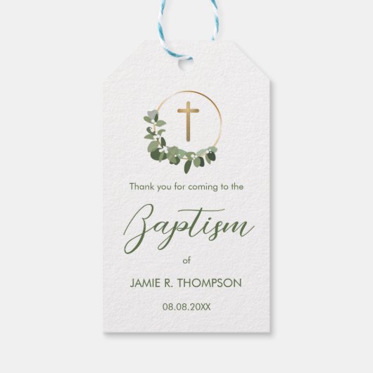 Dopendop moderne groene krans gouden kruis cadeaulabel (Achterkant)