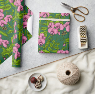 Doperwten en hommels, groen en roze cadeaupapier