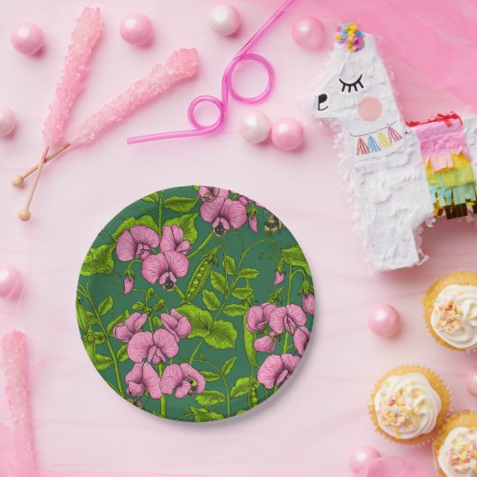 Doperwten en hommels, groen en roze papieren bordje (Feest)