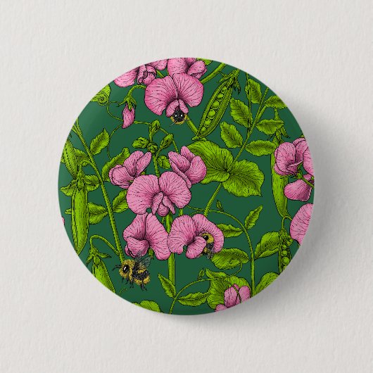 Doperwten en hommels, groen en roze ronde button 5,7 cm (Voorkant)