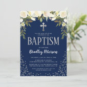 Doping Blauwe Zilveren Bloem Jongens Doop Kaart (Staand voorkant)