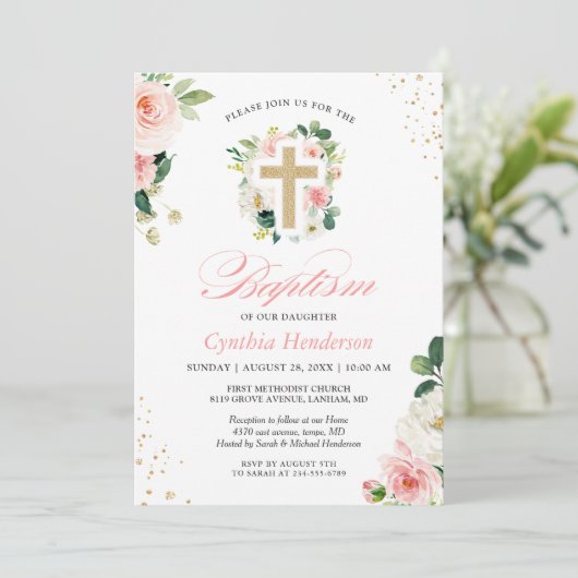 Doping Christening Goud Roze Roos Kruis Kaart (Staand voorkant)
