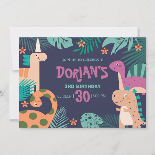 Dorian's 3e verjaardag Dino Feest Kaart (Voorkant)