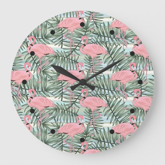 Dorm Clock with roze flamingoes Cute Palm Leafs Grote Klok (Voorkant)