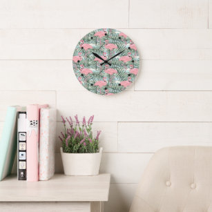 Dorm Clock with roze flamingoes Cute Palm Leafs Grote Klok